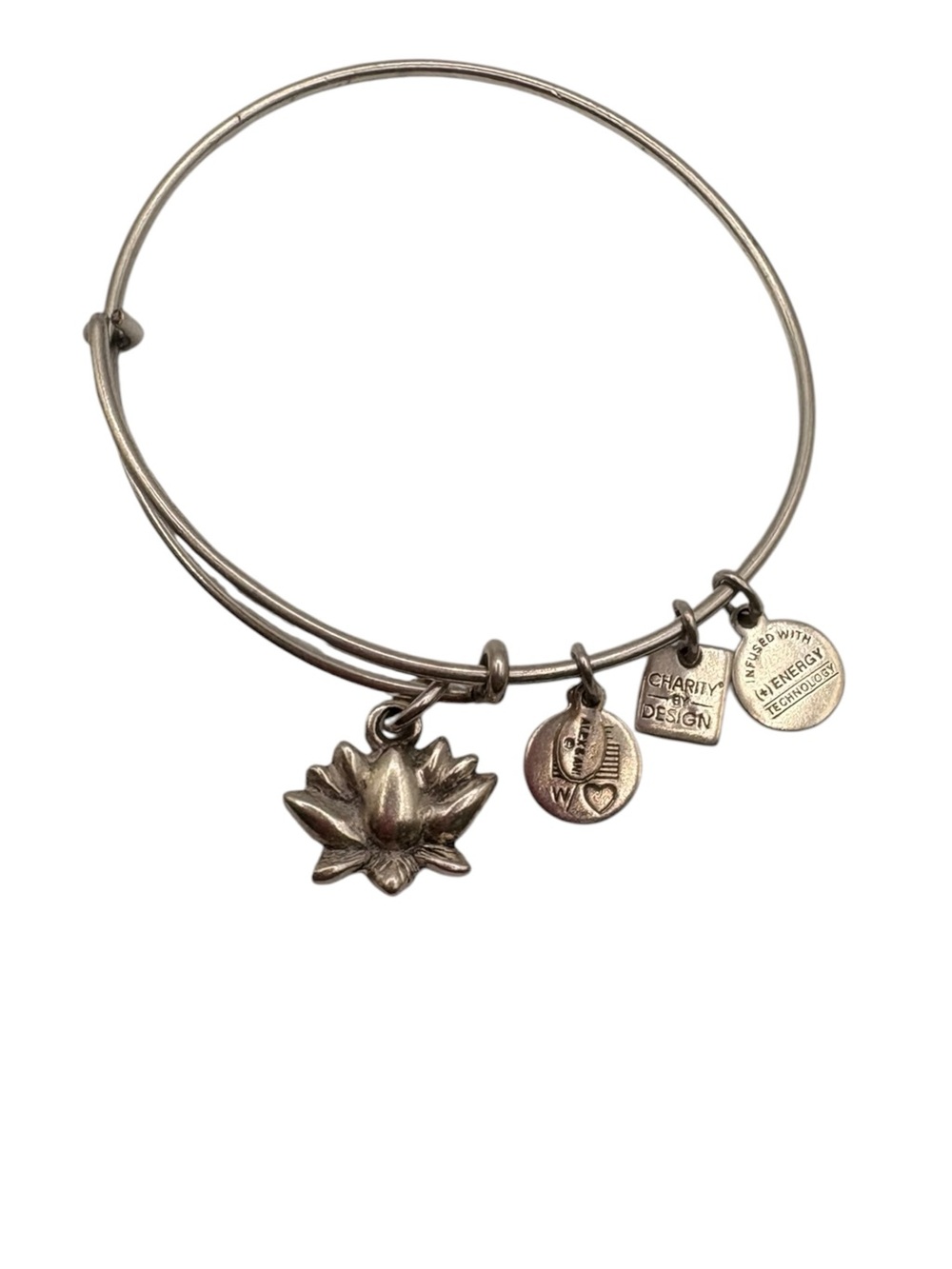 Alex and Ani Silver Lotus Charm Bangle Bracelet with Signature Tags